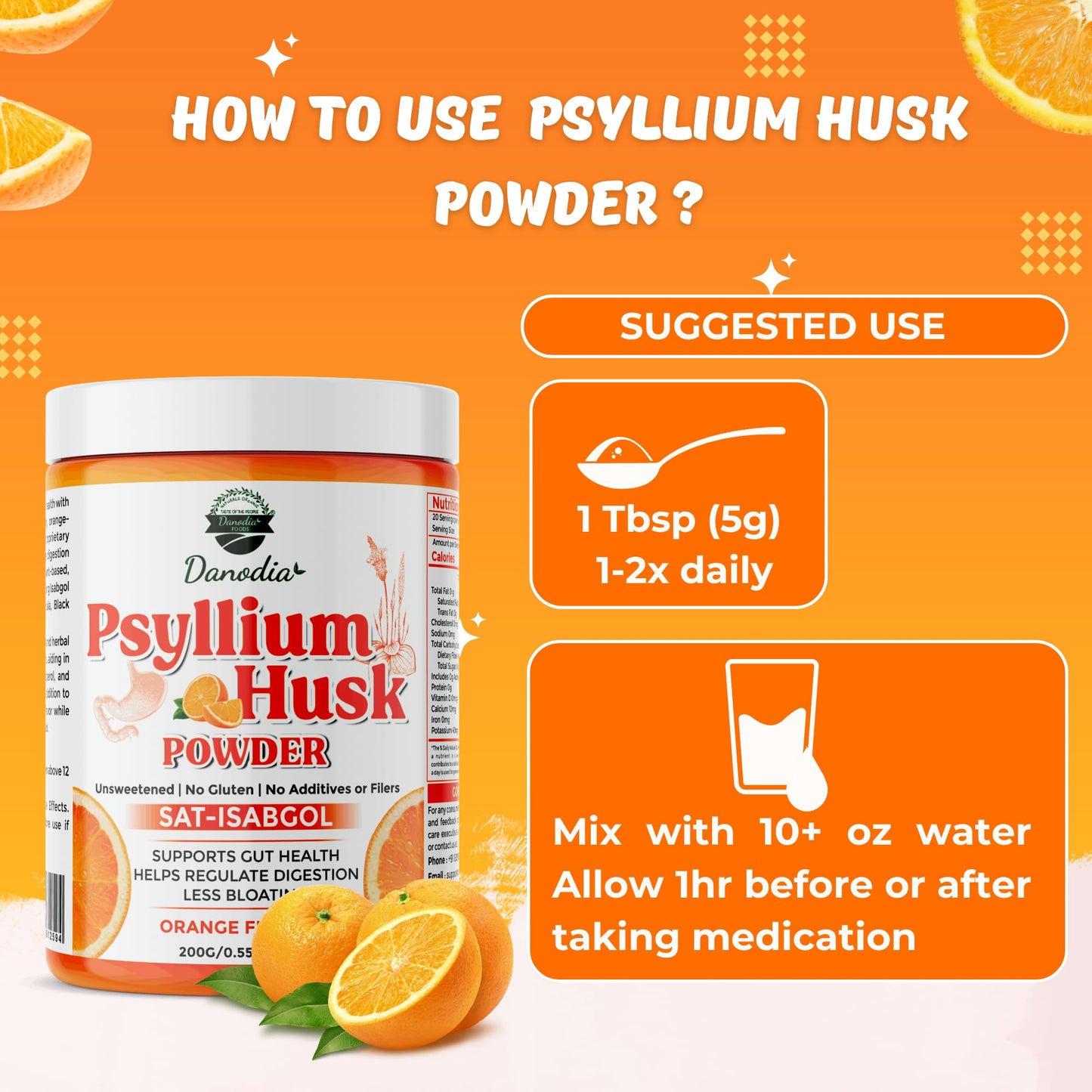 Danodia Foods Organic Psyllium Husk Powder – Mild Orange Flavor (200g) | Gluten-Free Fiber Supplement
