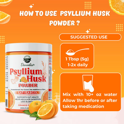 Danodia Foods Organic Psyllium Husk Powder – Mild Orange Flavor (200g) | Gluten-Free Fiber Supplement