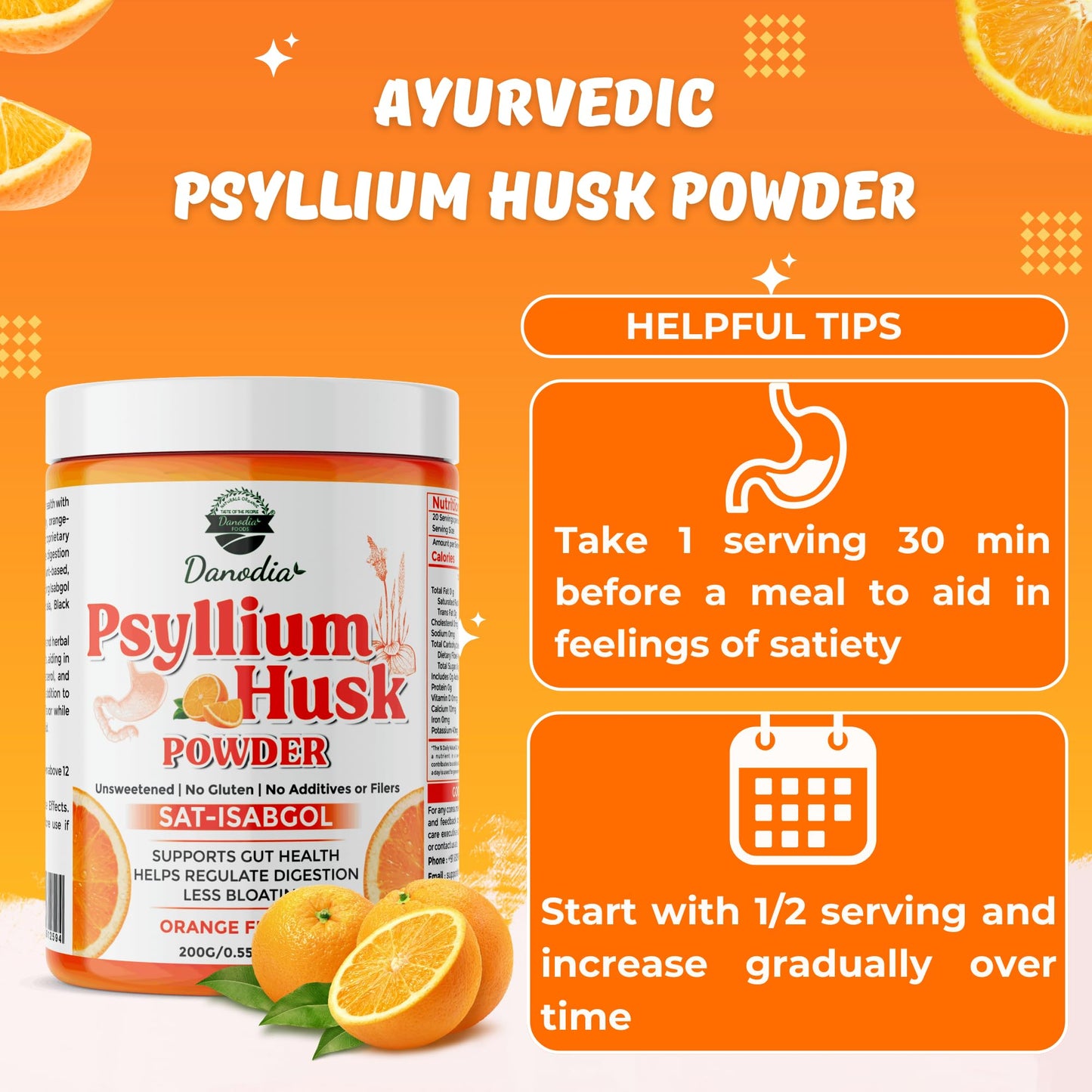 Danodia Foods Organic Psyllium Husk Powder – Mild Orange Flavor (200g) | Gluten-Free Fiber Supplement