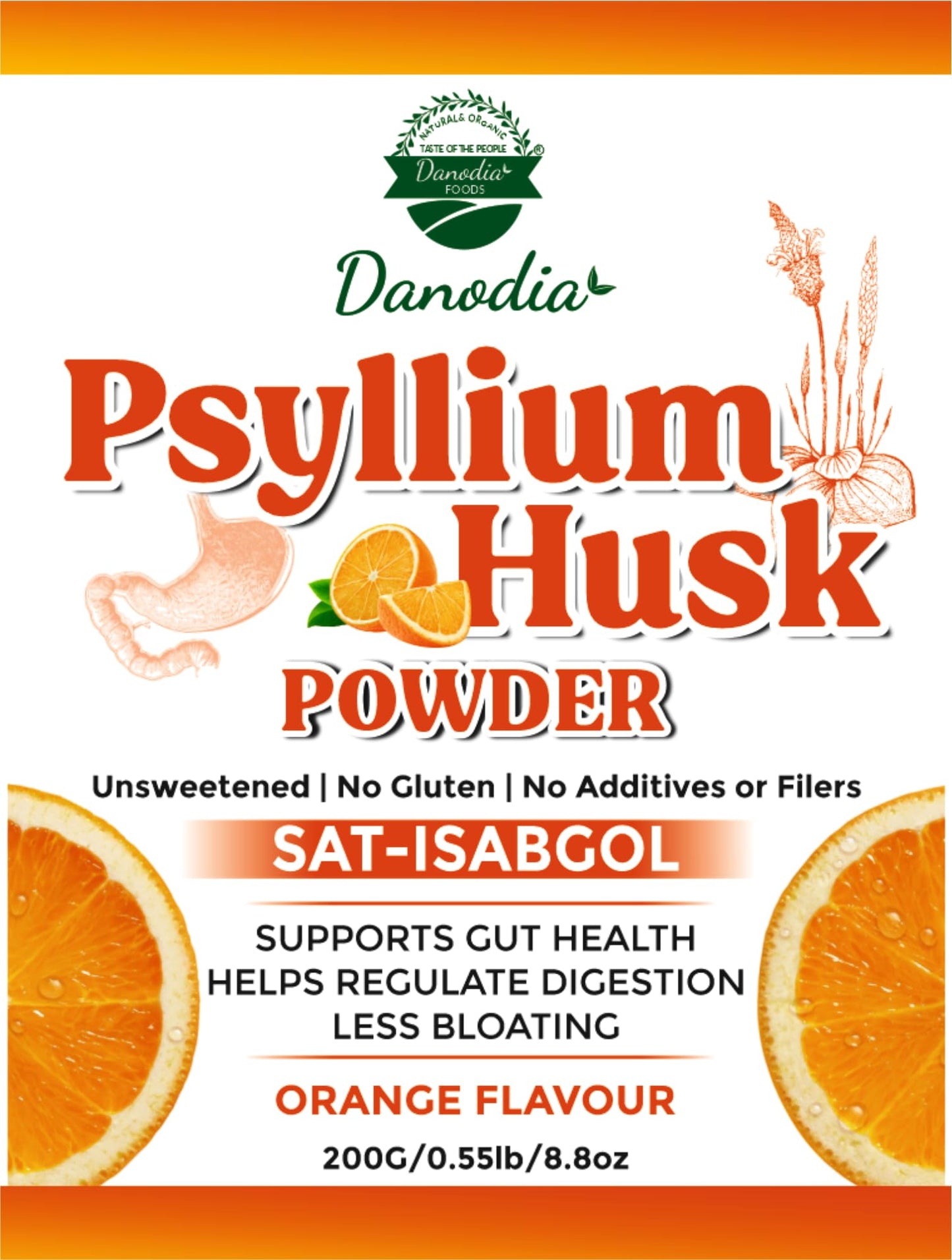 Danodia Foods Organic Psyllium Husk Powder – Mild Orange Flavor (200g) | Gluten-Free Fiber Supplement