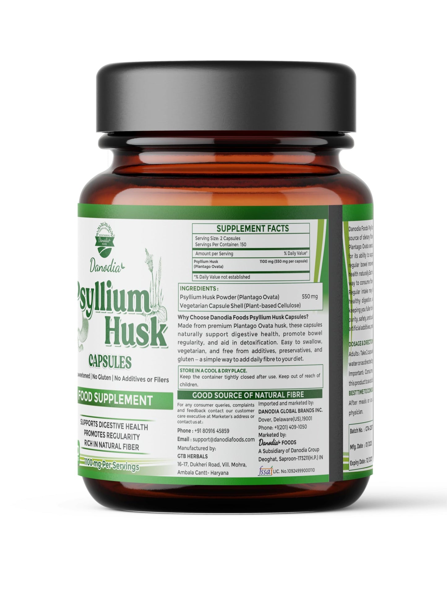 Danodia Foods Psyllium Husk Capsules – 300 Count | Veg Capsules | No additives or Filers | Gluten-Free, Non-GMO | Natural Fiber Supplement | No Artificial Colors or Preservatives