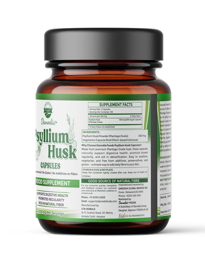 Danodia Foods Psyllium Husk Capsules – 300 Count | Veg Capsules | No additives or Filers | Gluten-Free, Non-GMO | Natural Fiber Supplement | No Artificial Colors or Preservatives