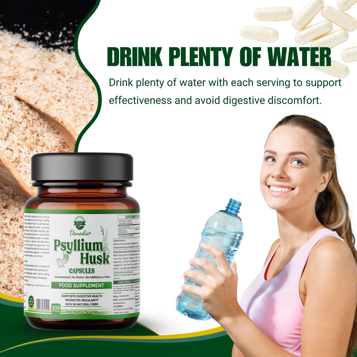 Danodia Foods Psyllium Husk Capsules – 300 Count | Veg Capsules | No additives or Filers | Gluten-Free, Non-GMO | Natural Fiber Supplement | No Artificial Colors or Preservatives