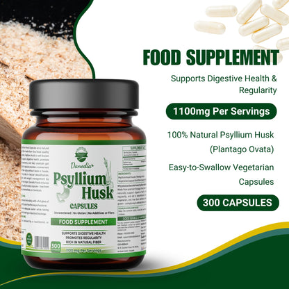 Danodia Foods Psyllium Husk Capsules – 300 Count | Veg Capsules | No additives or Filers | Gluten-Free, Non-GMO | Natural Fiber Supplement | No Artificial Colors or Preservatives