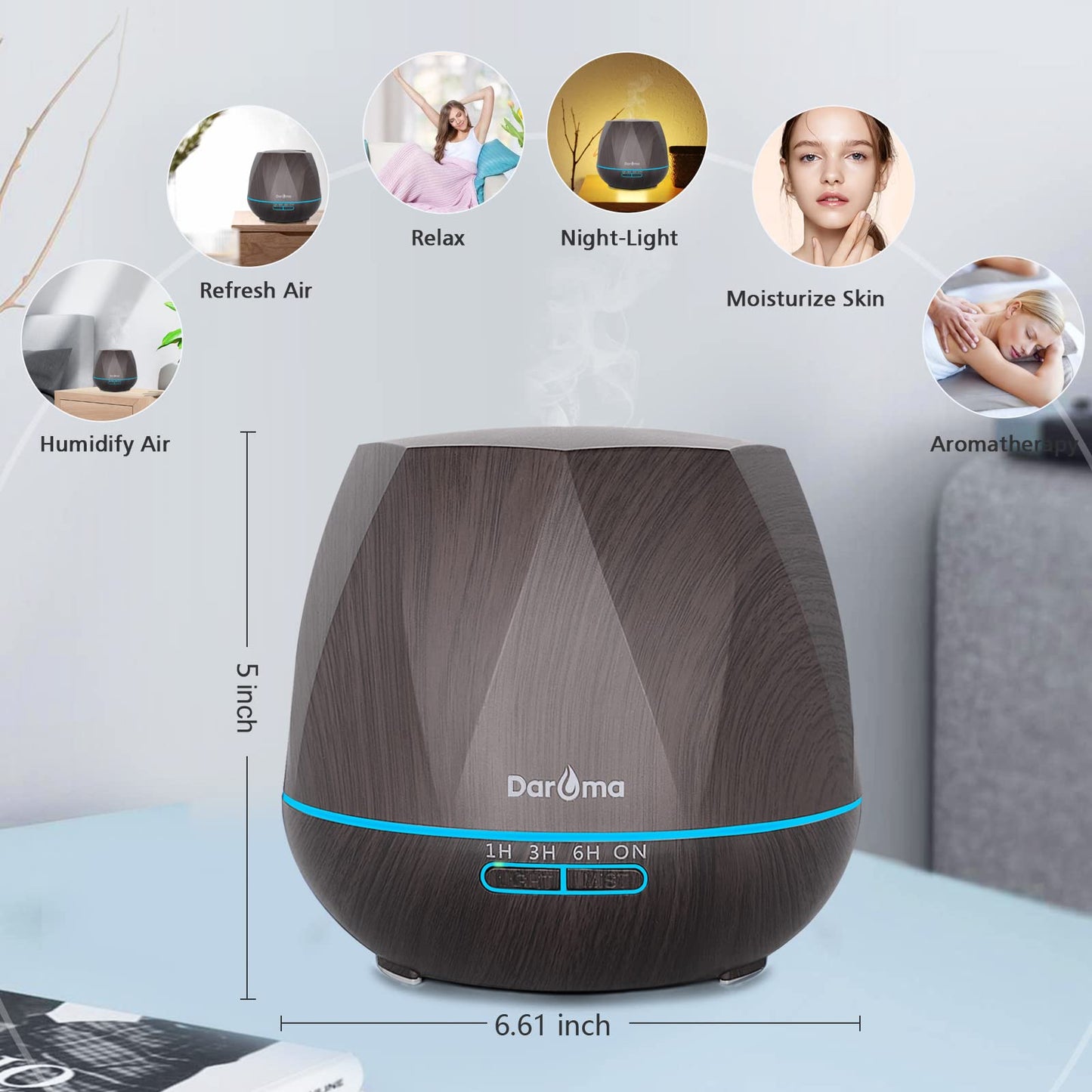 550ml Essential Oil Diffuser - DAROMA 6-in-1 Humidifier with Remote, 7-Color LED Lights, Dark Wood