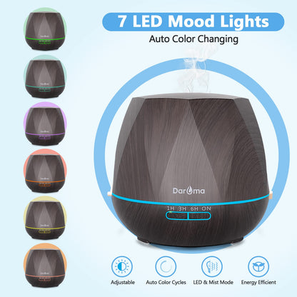 550ml Essential Oil Diffuser - DAROMA 6-in-1 Humidifier with Remote, 7-Color LED Lights, Dark Wood