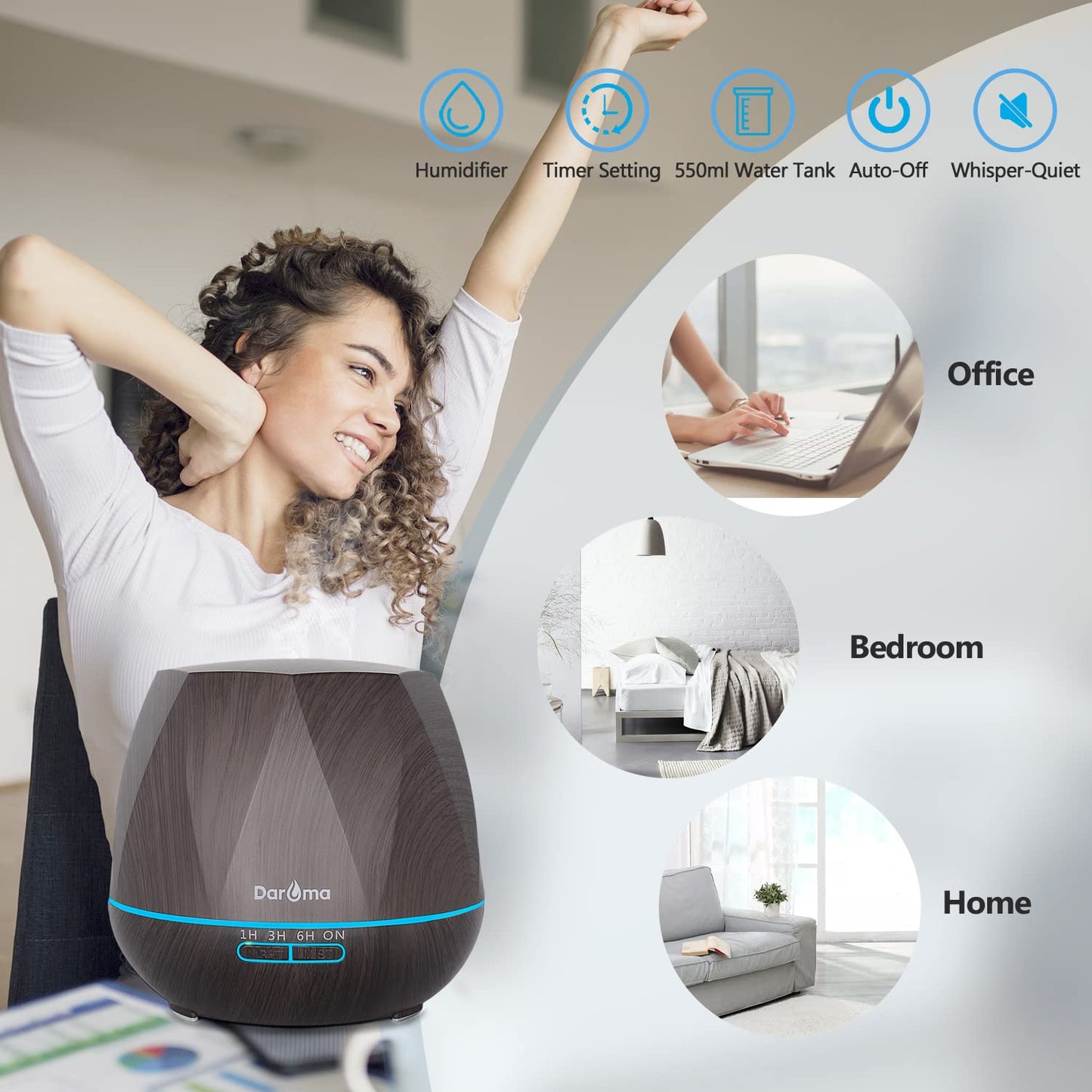 550ml Essential Oil Diffuser - DAROMA 6-in-1 Humidifier with Remote, 7-Color LED Lights, Dark Wood