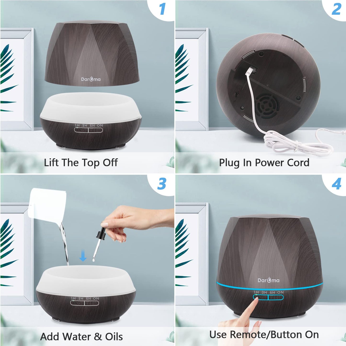 550ml Essential Oil Diffuser - DAROMA 6-in-1 Humidifier with Remote, 7-Color LED Lights, Dark Wood