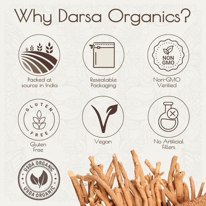 Darsa Organics Ashwagandha Root Cut & Sifted 4 oz – USDA Organic, Non-GMO, Vegan