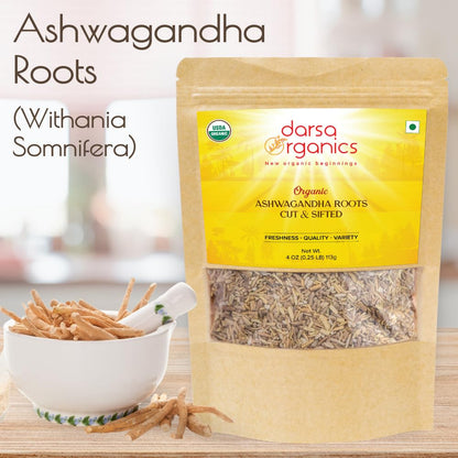 Darsa Organics Ashwagandha Root Cut & Sifted 4 oz – USDA Organic, Non-GMO, Vegan