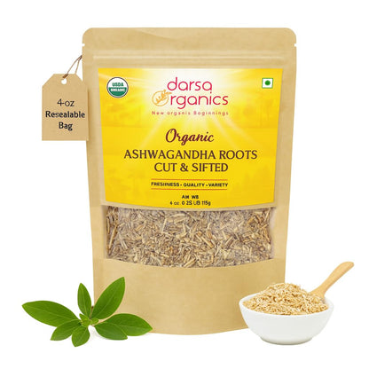 Darsa Organics Ashwagandha Root Cut & Sifted 4 oz – USDA Organic, Non-GMO, Vegan