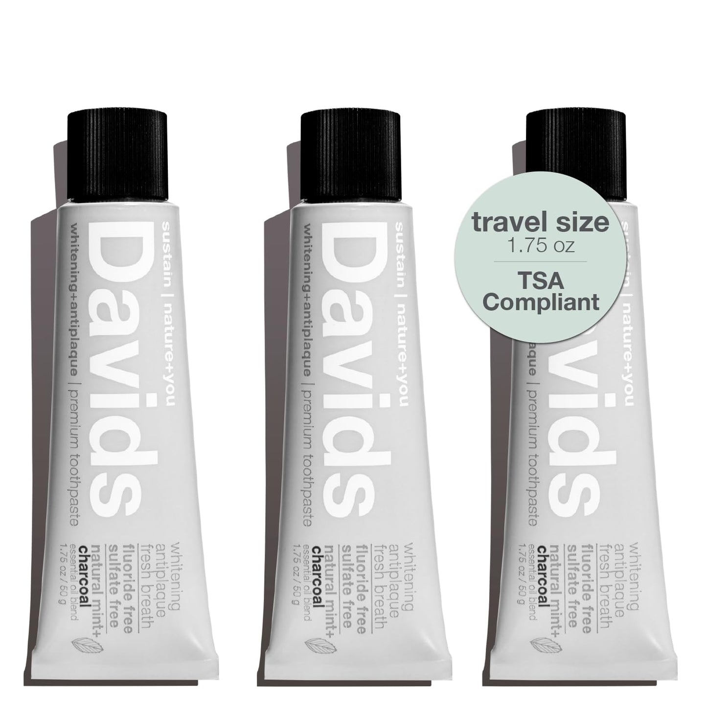 Davids Whitening Charcoal Travel Toothpaste – Fluoride Free, Peppermint, TSA 3-Pack