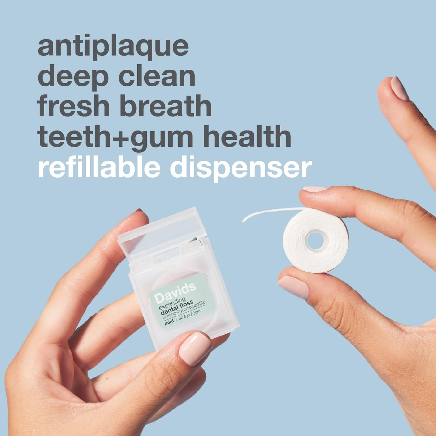 Davids Expanding Dental Floss + Refill w/Hydroxyapatite, No Break Woven Strands, Waxed, Vegan, Cocoa Butter & Mint, Kid Friendly, Refillable Dispenser, 66 yd