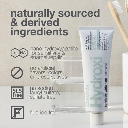 Davids Hydroxi Nano Hydroxyapatite Toothpaste – Remineralize Enamel, Sensitive Relief, Whitening | SLS Free, Made in USA