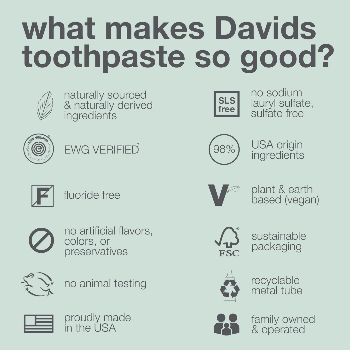 Davids Fluoride Free Toothpaste | Spearmint, SLS-Free, Whitening & Antiplaque | 5.25oz | Made in USA | EWG Verified