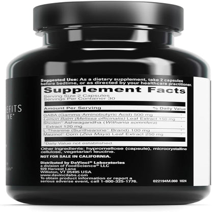 DAVINCI LABS Sleep Benefits – Melatonin-Free Sleep Support with Maizinol, Shoden Ashwagandha & Suntheanine L-Theanine – 60 Capsules
