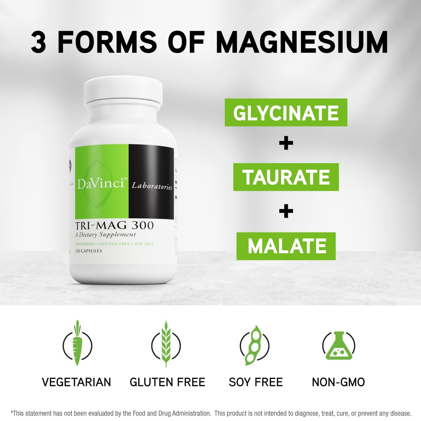 DAVINCI Tri-Mag 300: Triple Magnesium Glycinate, Taurate & Malate for Sleep & Nerve Support (120 Capsules)