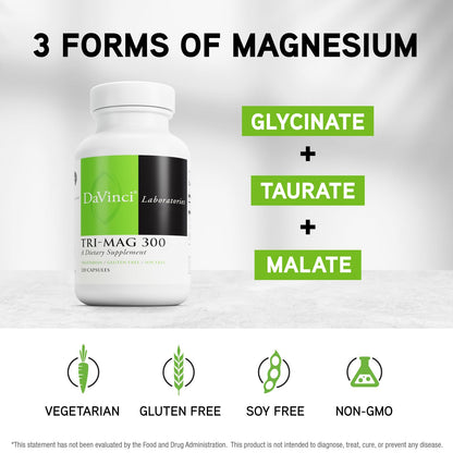DAVINCI Tri-Mag 300: Triple Magnesium Glycinate, Taurate & Malate for Sleep & Nerve Support (120 Capsules)