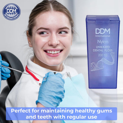DDM International Nylon Unwaxed Dental Floss – 200 Yards, Dispenser Box | Teeth & Gum Protection for Adults