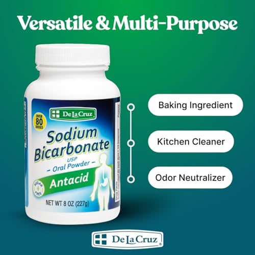 De La Cruz Pure Sodium Bicarbonate Powder 8 oz – Aluminium-Free Antacid, Baking Soda & Baking Powder – Packed in USA