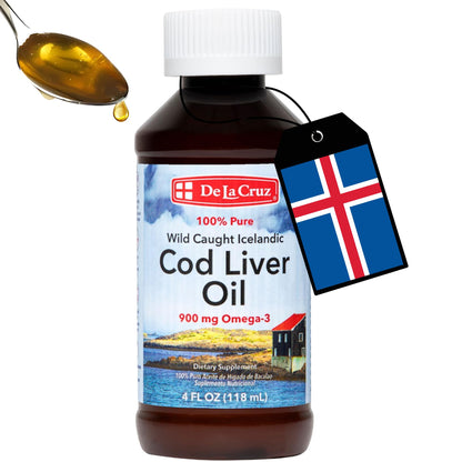 De La Cruz Cod Liver Oil Liquid – Pure Wild-Caught Icelandic Fish Oil 4 FL OZ (118 mL)