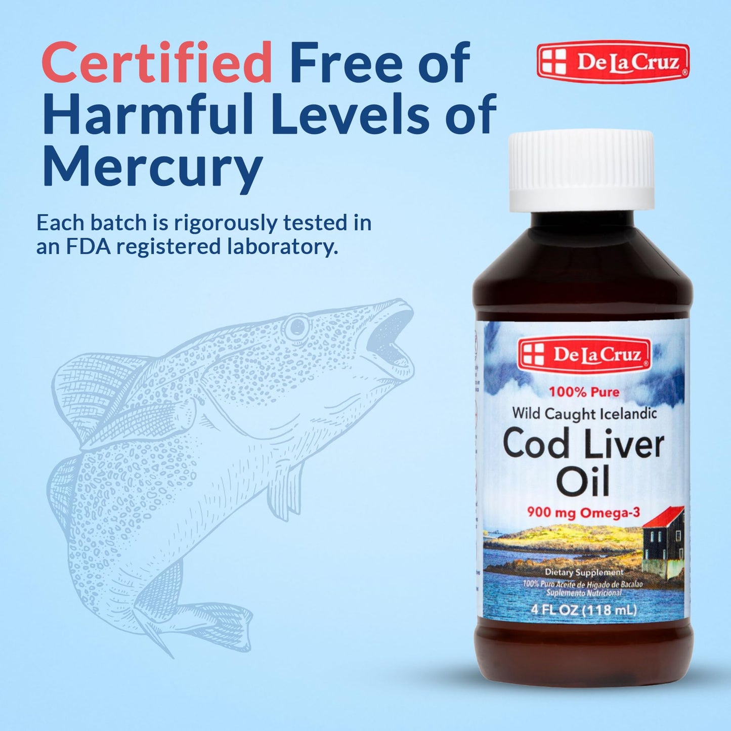 De La Cruz Cod Liver Oil Liquid – Pure Wild-Caught Icelandic Fish Oil 4 FL OZ (118 mL)