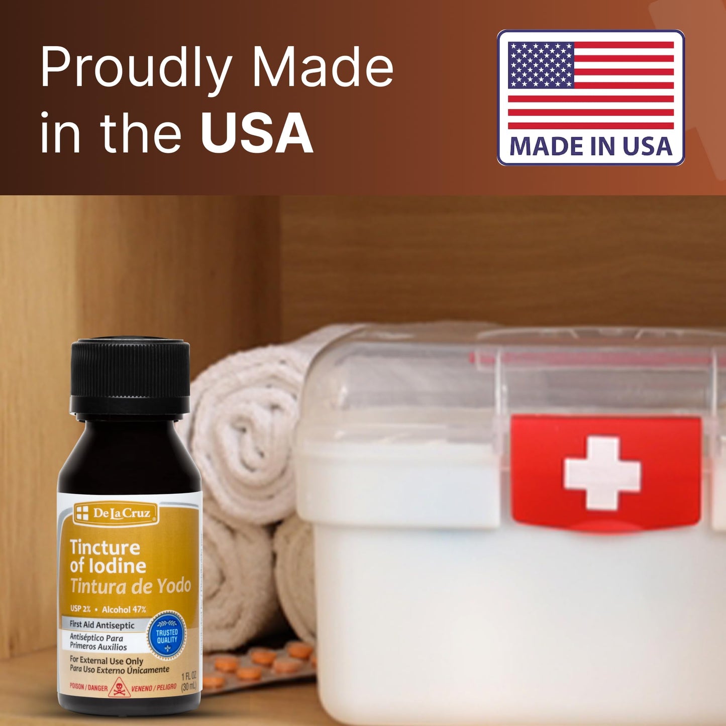 De La Cruz 2% Iodine First Aid Antiseptic – Made in USA – 1 FL OZ