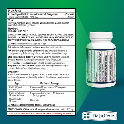 De La Cruz Pure Sodium Bicarbonate Powder 8 oz – Aluminium-Free Antacid, Baking Soda & Baking Powder – Packed in USA