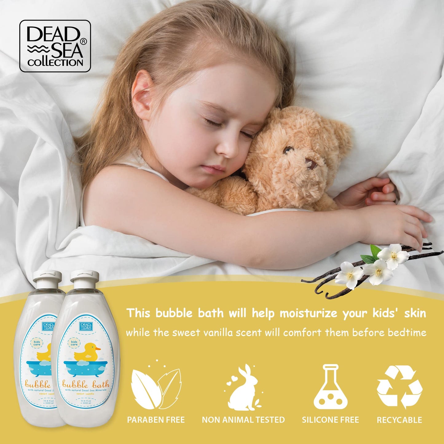 Dead Sea Collection Bubble Bath for Kids with Vanilla – 2 x 33.8 fl oz (67.6 fl oz) – Cleansing & Moisturizing Bubbles
