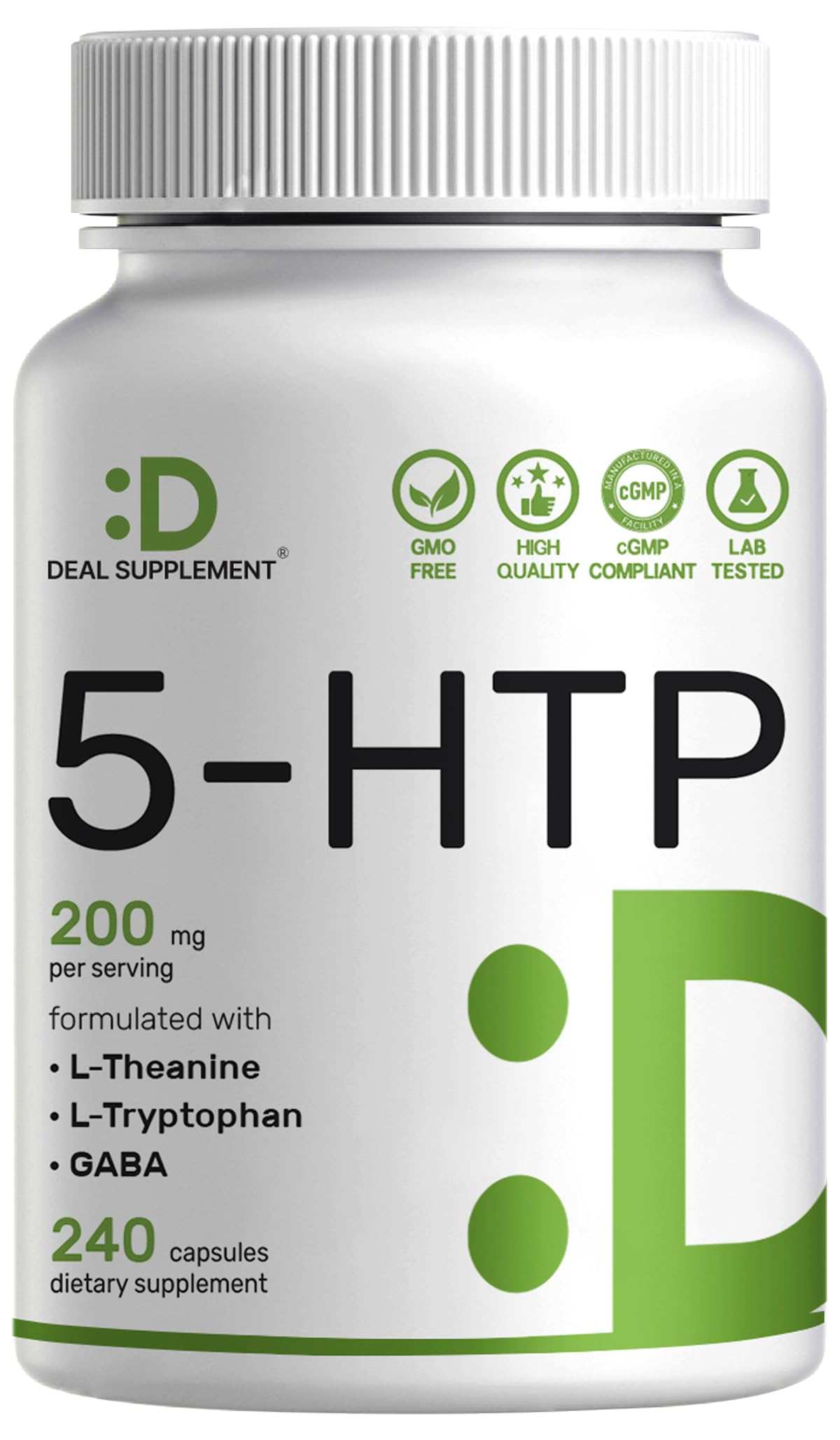 Deal Supplement 5-HTP 200mg per Serving, 240 Capsules | 98% African Griffonia Seed Extract | 4-in-1 Formula + L-Theanine, L-Tryptophan & GABA