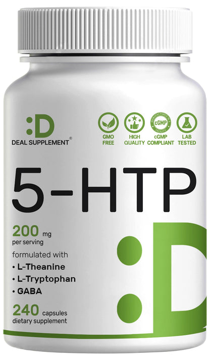 Deal Supplement 5-HTP 200mg per Serving, 240 Capsules | 98% African Griffonia Seed Extract | 4-in-1 Formula + L-Theanine, L-Tryptophan & GABA