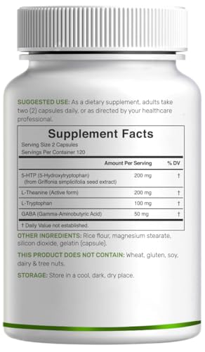Deal Supplement 5-HTP 200mg per Serving, 240 Capsules | 98% African Griffonia Seed Extract | 4-in-1 Formula + L-Theanine, L-Tryptophan & GABA