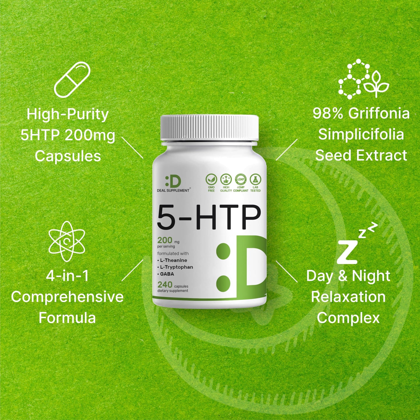 Deal Supplement 5-HTP 200mg per Serving, 240 Capsules | 98% African Griffonia Seed Extract | 4-in-1 Formula + L-Theanine, L-Tryptophan & GABA