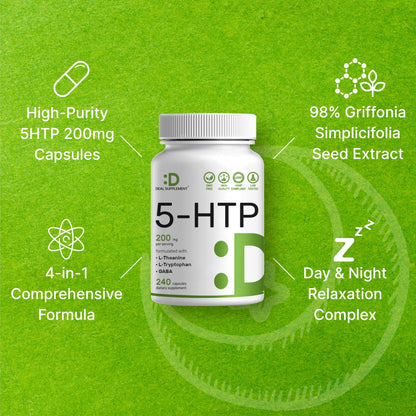 Deal Supplement 5-HTP 200mg per Serving, 240 Capsules | 98% African Griffonia Seed Extract | 4-in-1 Formula + L-Theanine, L-Tryptophan & GABA