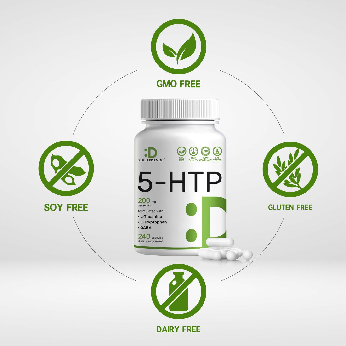 Deal Supplement 5-HTP 200mg per Serving, 240 Capsules | 98% African Griffonia Seed Extract | 4-in-1 Formula + L-Theanine, L-Tryptophan & GABA