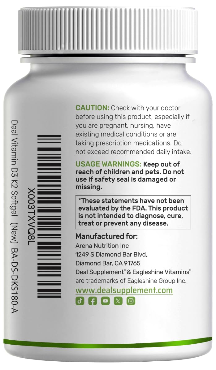 Vitamin D3 5000 IU + K2 MK7 Softgels – 2-in-1 Complex (250 Count) | Heart, Bone & Immune Support