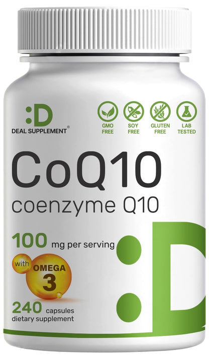 CoQ10 100mg + Omega-3 100mg – 240 Capsules | Heart, Brain & Energy Support | Non-GMO