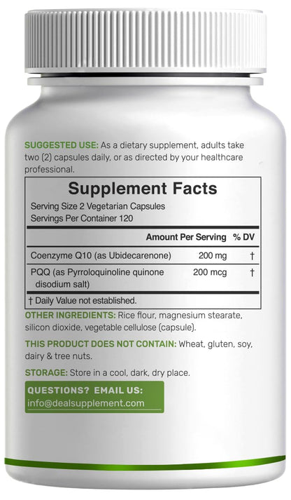 DEAL SUPPLEMENT CoQ10 200mg with PQQ 200mcg, 240 Veggie Capsules | Bioavailable Coenzyme Q10 Complex | Supports Heart, Energy & Brain Health | Antioxidant Support | Non-GMO