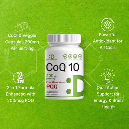 DEAL SUPPLEMENT CoQ10 200mg with PQQ 200mcg, 240 Veggie Capsules | Bioavailable Coenzyme Q10 Complex | Supports Heart, Energy & Brain Health | Antioxidant Support | Non-GMO