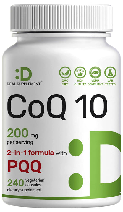 DEAL SUPPLEMENT CoQ10 200mg with PQQ 200mcg, 240 Veggie Capsules | Bioavailable Coenzyme Q10 Complex | Supports Heart, Energy & Brain Health | Antioxidant Support | Non-GMO
