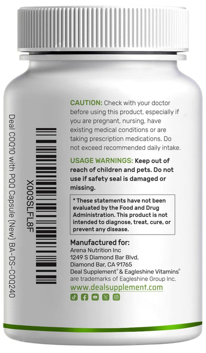 DEAL SUPPLEMENT CoQ10 200mg with PQQ 200mcg, 240 Veggie Capsules | Bioavailable Coenzyme Q10 Complex | Supports Heart, Energy & Brain Health | Antioxidant Support | Non-GMO