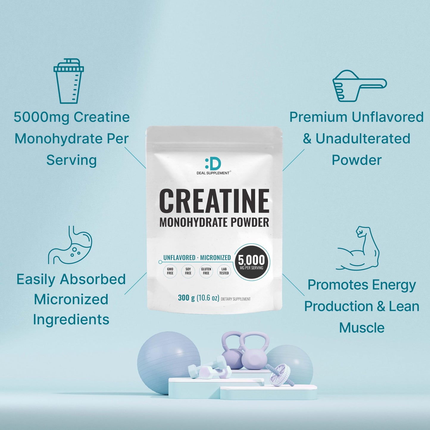 Deal Supplement Creatine Monohydrate Powder – 60 Servings, Unflavored, Micronized