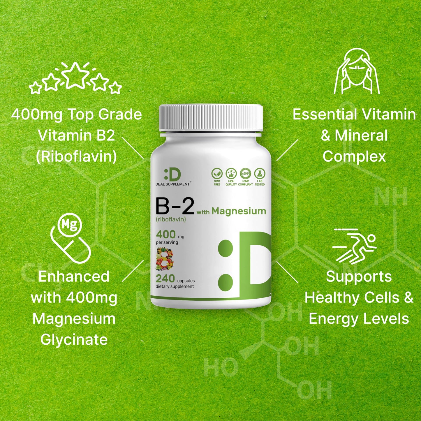 DEAL SUPPLEMENT Vitamin B2 400mg Riboflavin with Magnesium Glycinate 400mg – 240 Capsules