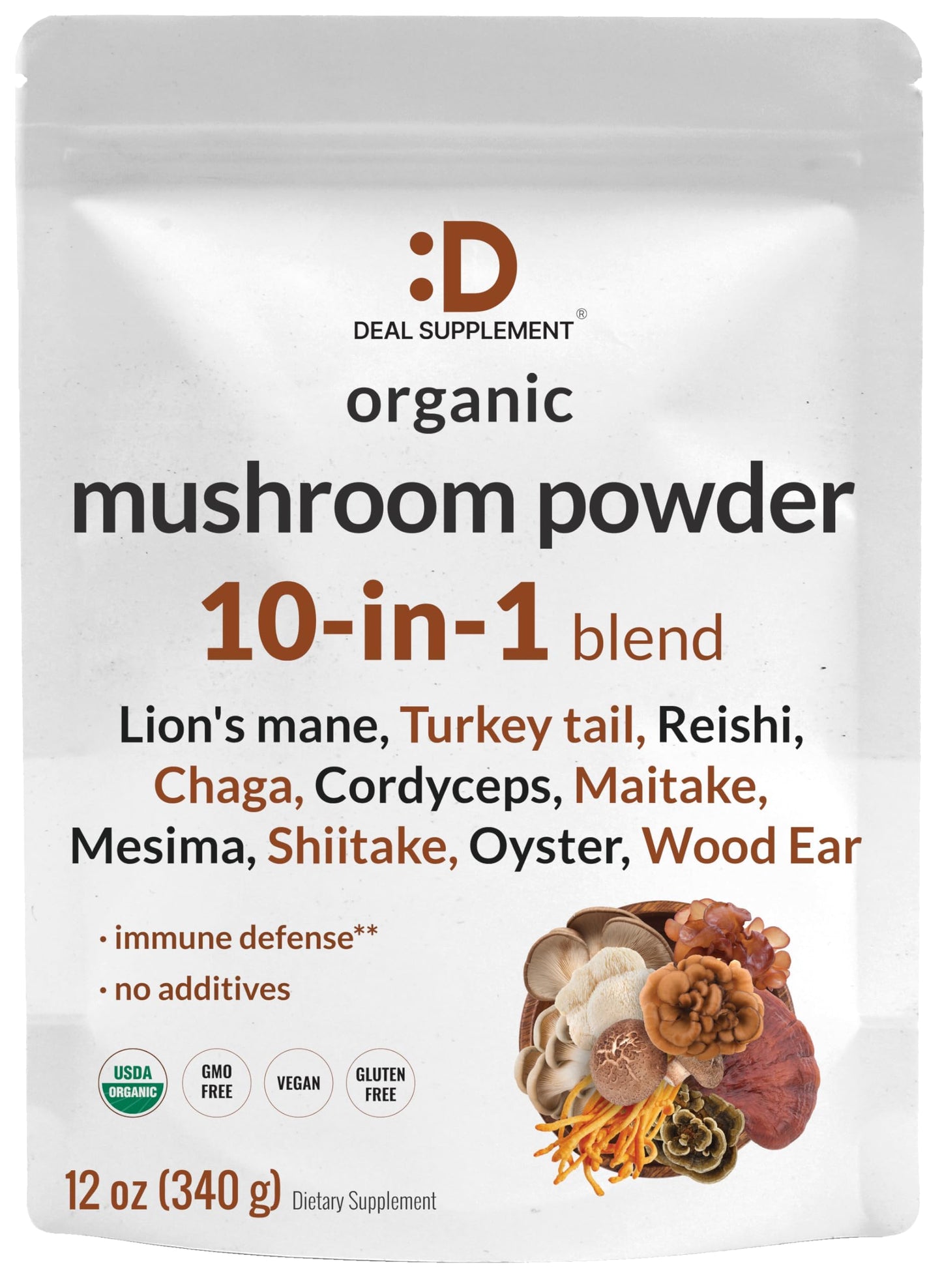Organic Mushroom Powder 12oz | 10-in-1 Blend for Immune, Energy & Brain Health | Non-GMO Vegan