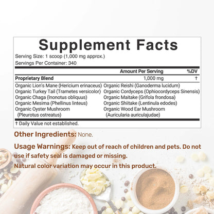 Organic Mushroom Powder 12oz | 10-in-1 Blend for Immune, Energy & Brain Health | Non-GMO Vegan