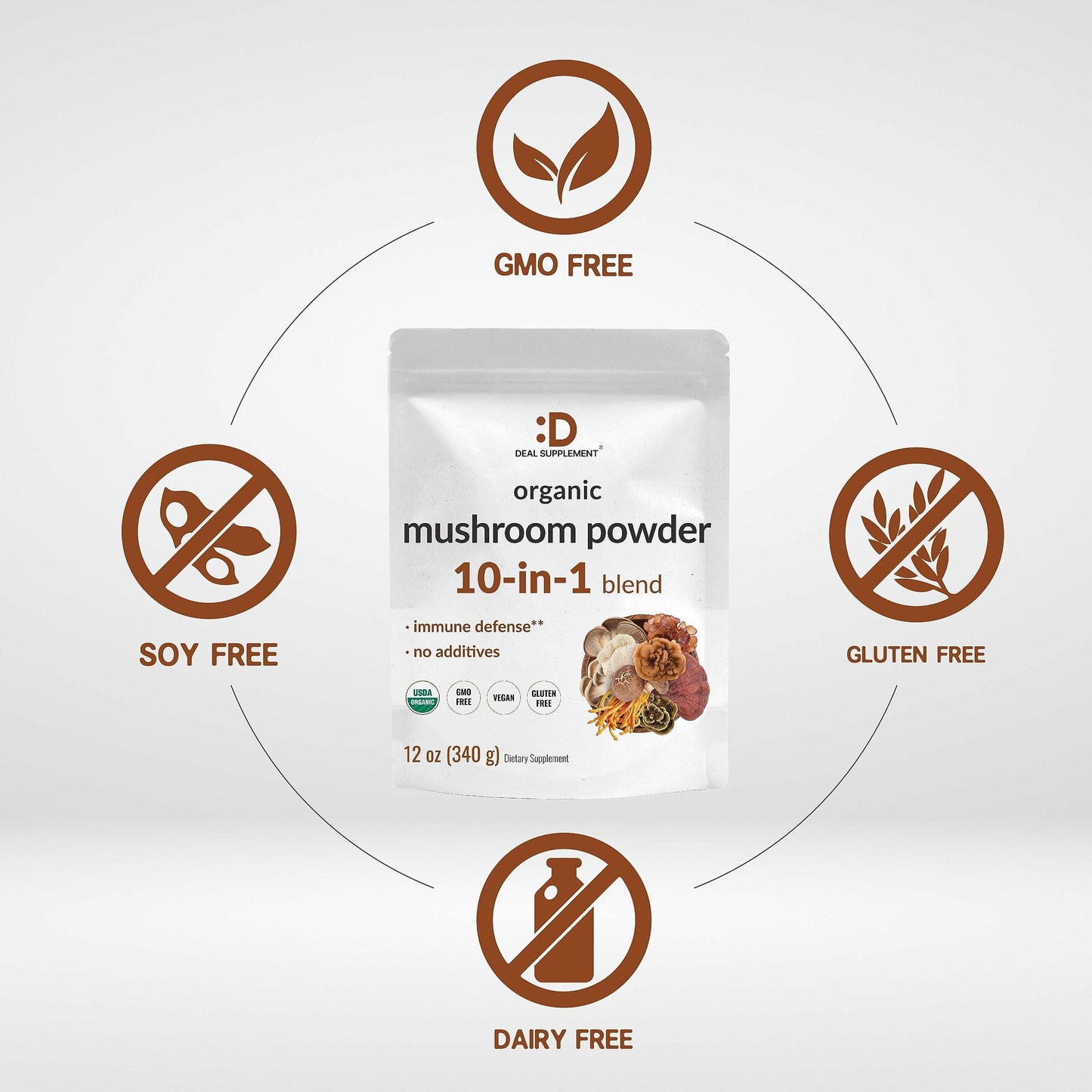 Organic Mushroom Powder 12oz | 10-in-1 Blend for Immune, Energy & Brain Health | Non-GMO Vegan