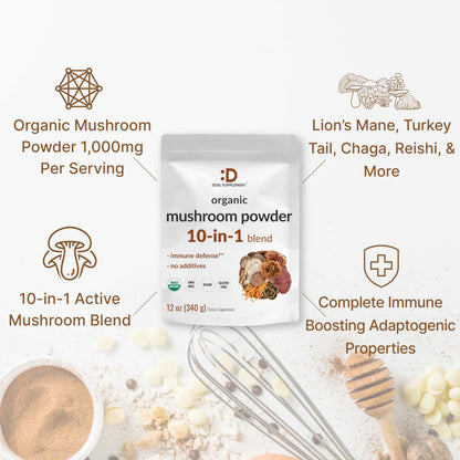 Organic Mushroom Powder 12oz | 10-in-1 Blend for Immune, Energy & Brain Health | Non-GMO Vegan