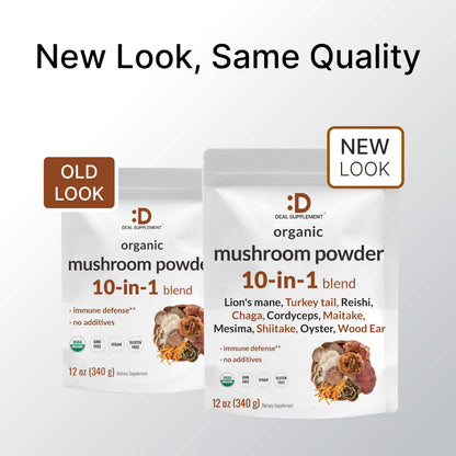 Organic Mushroom Powder 12oz | 10-in-1 Blend for Immune, Energy & Brain Health | Non-GMO Vegan