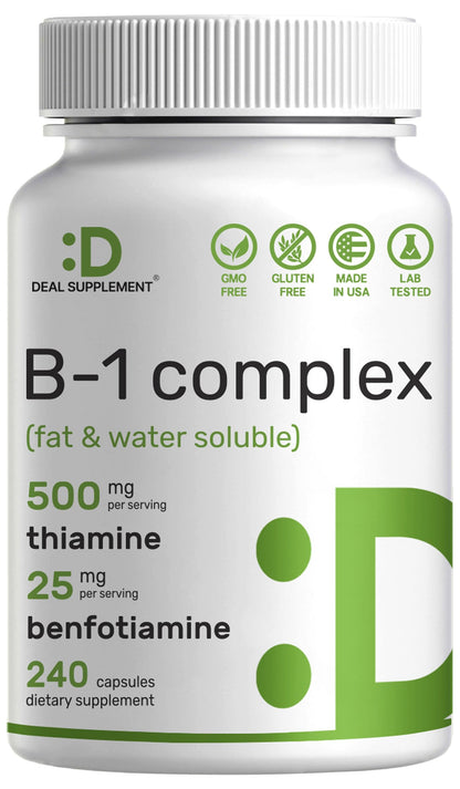 Deal Supplement Vitamin B1 500mg + Benfotiamine – 240 Capsules | 2-in-1 Thiamine B1