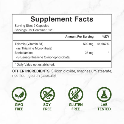 Deal Supplement Vitamin B1 500mg + Benfotiamine – 240 Capsules | 2-in-1 Thiamine B1